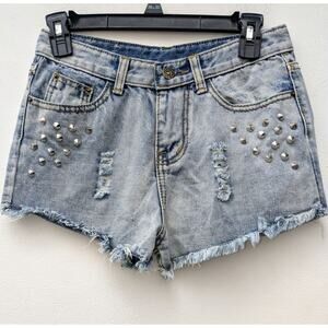 Hot Pants Mini Shorts Studded High Rise Waist Distressed Light Blue Size S-M